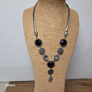 Vintage Black & Silver-tone Y-shape Statement Necklace